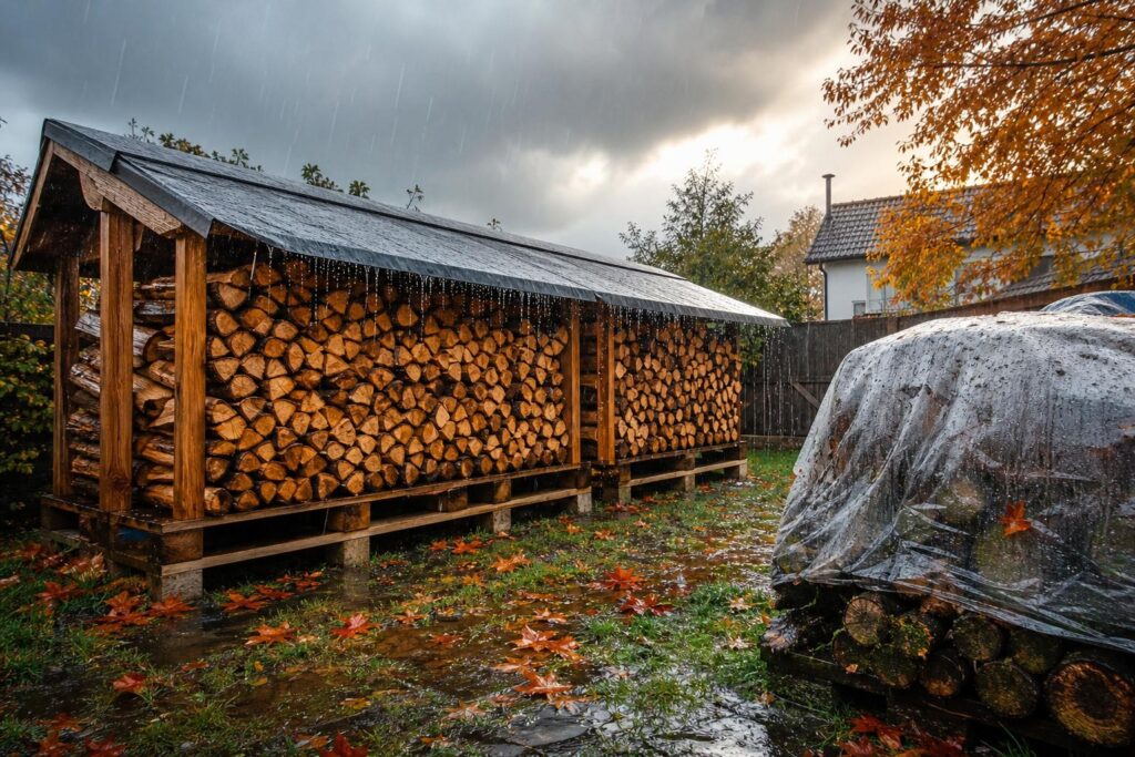Après trente jours de pluie, ce bûcher reste utilisable : son installation évite un piège discret