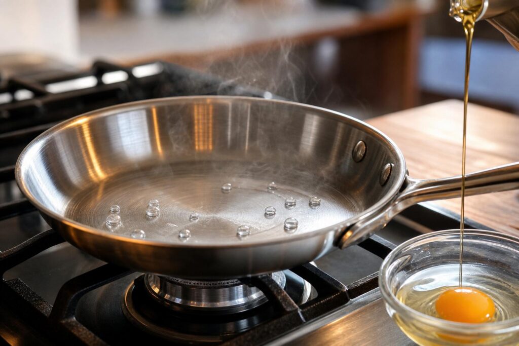 Après trois minutes sur le feu, mes œufs glissent sans accrocher : ce simple test avec de l’eau donne le bon repère pour la poêle