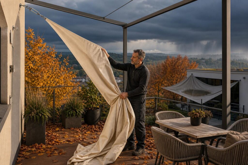 Avant les premières nuits fraîches, rangez la toile tendue sur votre terrasse : ce réflexe évite une déformation coûteuse au printemps