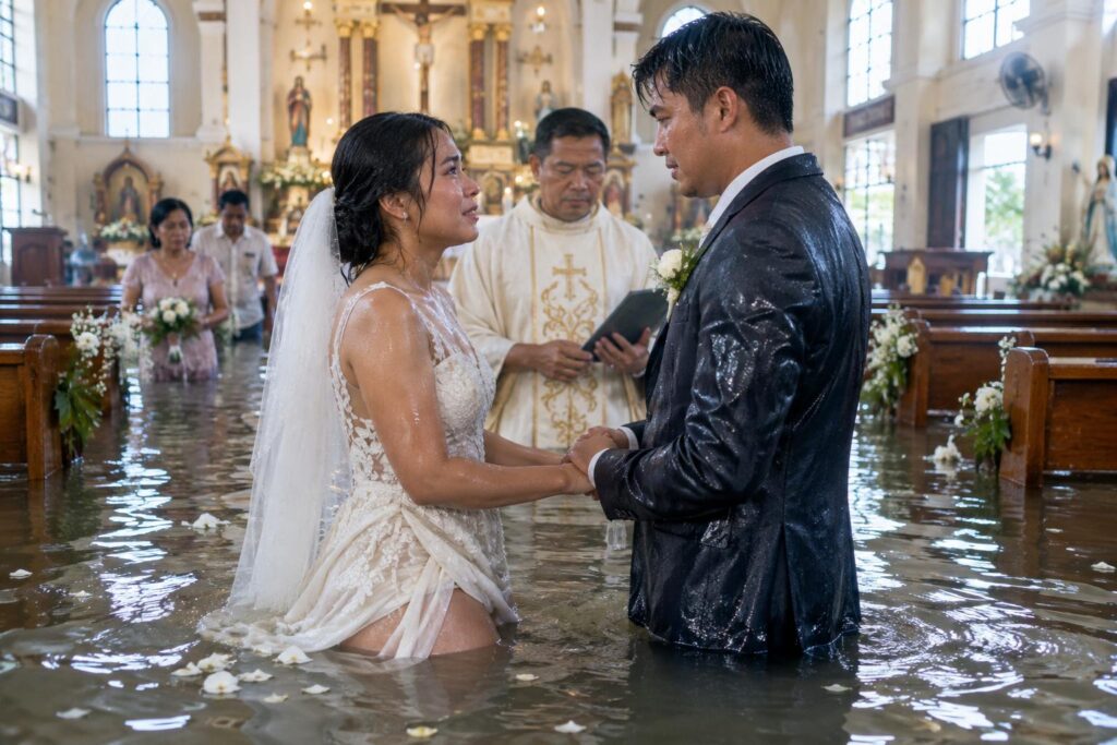 Ils se disent oui avec de l’eau jusqu’à la taille : le mariage d’un couple philippin dans une église inondée après la mousson