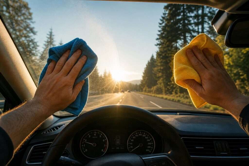 Nettoyez votre pare-brise intérieur avec deux chiffons séparés : ce détail évite les halos au soleil